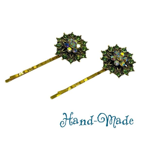 Handmade Green Iridescent Rhinestone Gold Set Hair Clips HoCo Fairy Jewelry NWT - Picture 1 of 6